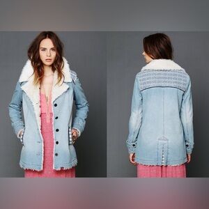 Free People Light Blue Denim Jacket with Cream Faux Fur